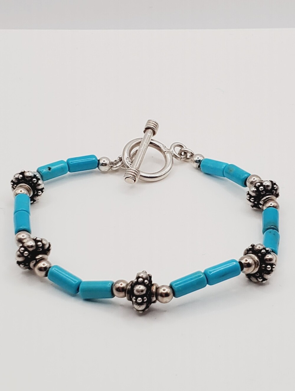 Genuine Turquoise 925 Sterling Silver Bead Bracelet With Toggle Clasp